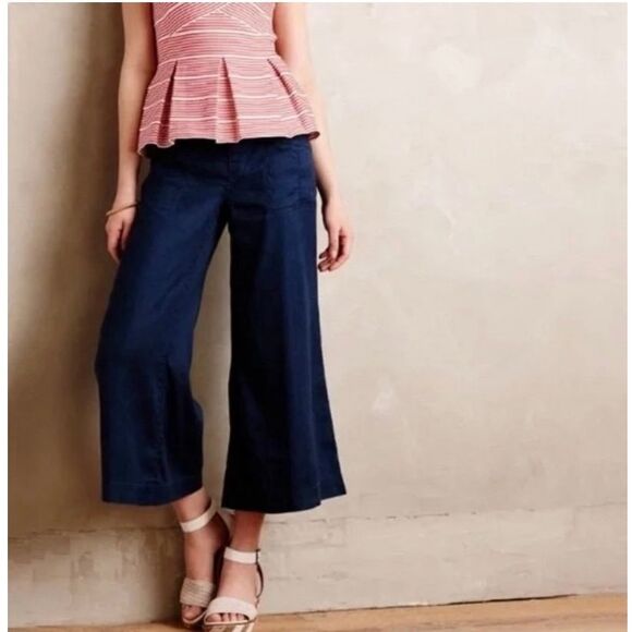 Anthropologie Level 99 Annabelle Navy Gaucho Wide Leg Tencel Linen Blend Pants 3 - Picture 1 of 16